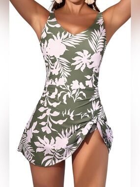 NWT Aidonger Green Floral One Piece Swim Dress Women’s L